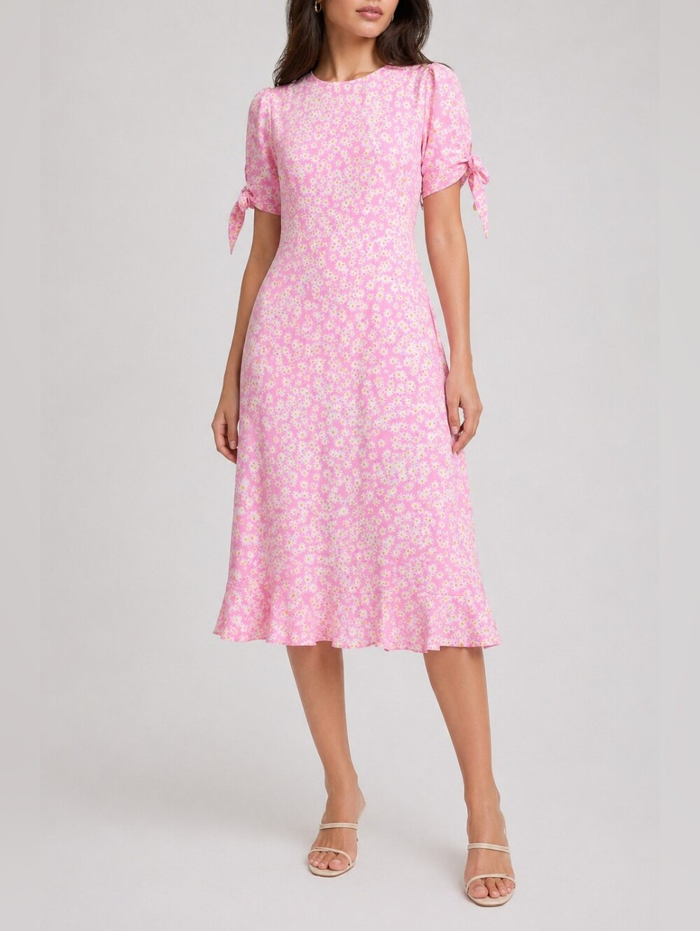 Faithfull The Brand Emelia Floral Midi Dress Ruffle Hem Pink Daisy XS